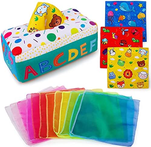 teytoy My First Baby Tissue Box, Soft Stuffed High Contrast Crinkle Montessori Square Sensory Toys Juggling Rainbow Dance Scarves for Toddler, Infants, Newborns and Kids Educational Preschool Learning