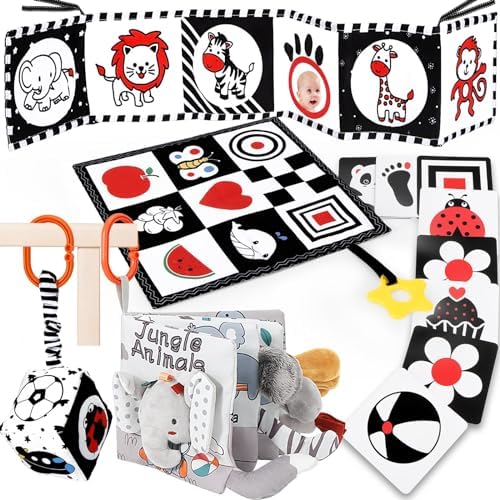 DRAMATION 5 Pcs Black and White High Contrast Baby Toys 0-3 Months for Newborn, Tummy Time Toys Montessori Toys for Babies 0 3 6 9 Months - Infant Sensory Soft Book Toys for Babies Baby Gifts
