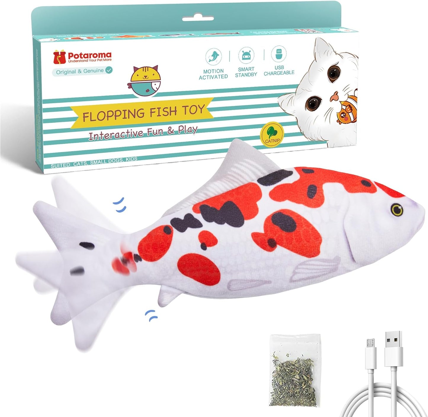 Potaroma Floppy Fish Cat Toy, Interactive Moving Flopping Fish Toy, Catnip & Silvervine Enrichment, Kitten Kicker Exercise Toys for Indoor or Outdoor, Koi for All Breeds