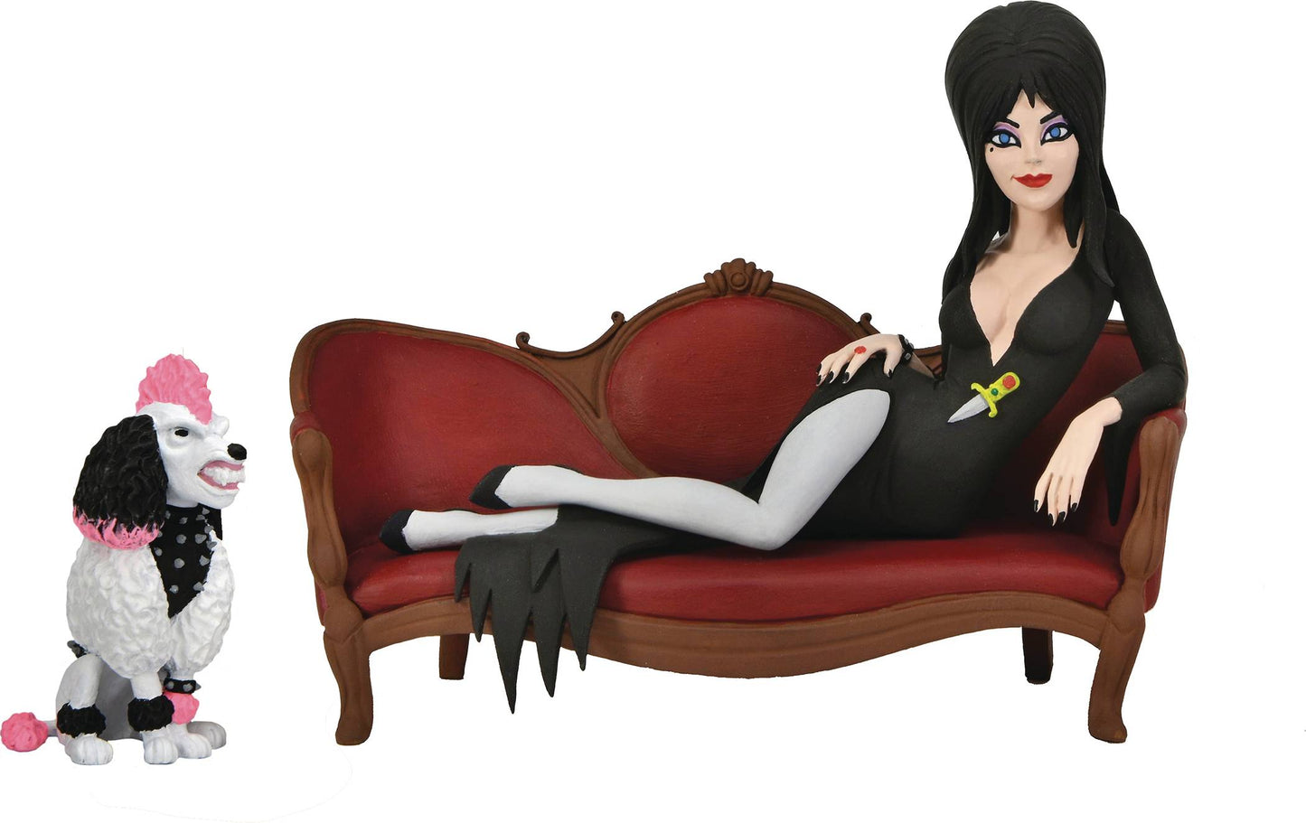 NECA Toony Terrors - Elvira, Mistress of the Dark (On Couch) & Gonk (Pet Dog) Action Figures (56082)