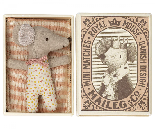 Maileg Sleepy Wakey Baby Mouse in Matchbox - Rose