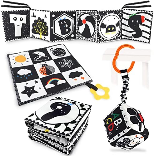 KUANGO Black and White High Contrast Baby Toys 0-3 Months for Newborn, Montessori Toys Sensory Infant Tummy Time Toys Baby Essentials 0-6 Gifts