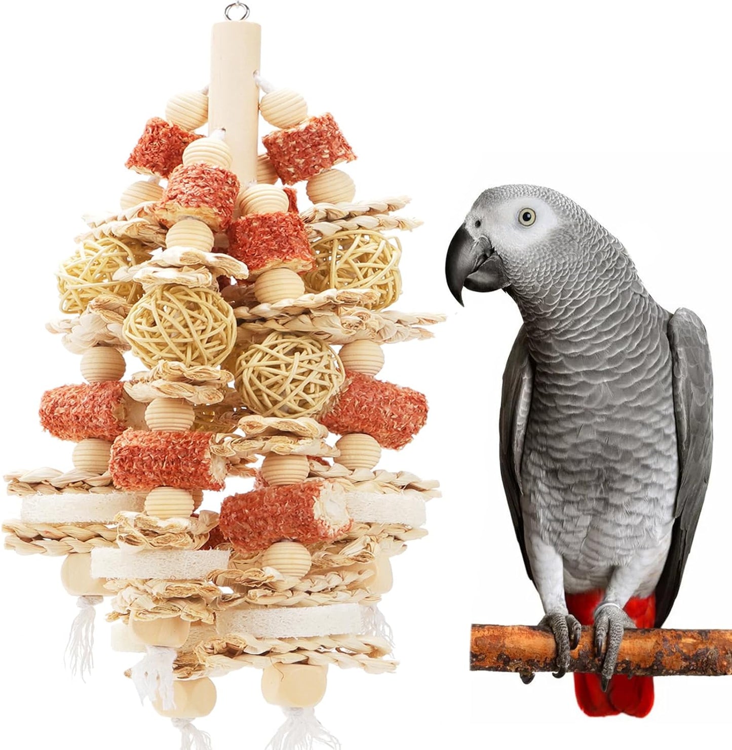 Bird Toys That is 17.5 Inches in Length, Parrot Toy Designed for Chewing Features Natural Corn cob and Loofah Slices, Can Be Hung in Large and Medium-Sized Parrot Cages