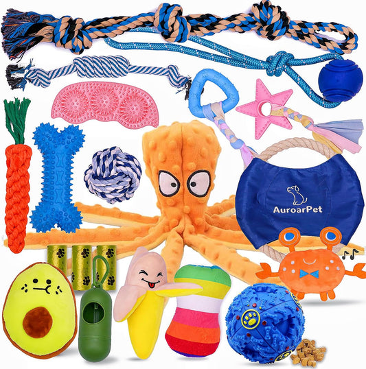 20 Pack of Variety Dog Chew Toys for Samll Puppy to Keep Them Busy, LOT of Dog Toy Ease of Chewing for Puppy Teething, Tug of War, Interactive or Birthday Toy Bundle by Safe Material