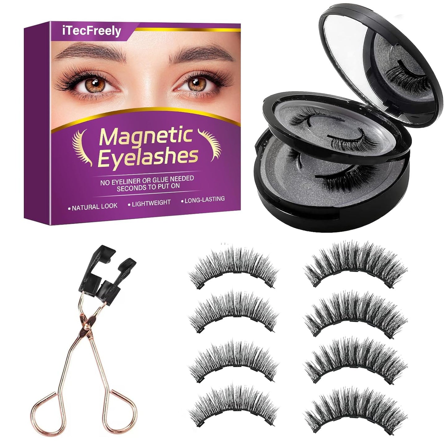 iTecFreely Magnetic Eyelashes, Natural Look False Lashes without Eyeliner, Light Weight and Waterproof Magnetic Eyelashes No Glue
