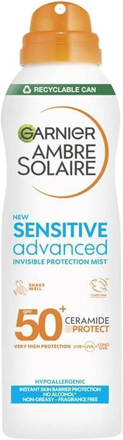 Garnier Ambre Solaire SPF 50+ Sensitive Advanced Dry Mist Sun Cream Spray: Water Resistant & Non Greasy Sunscreen with UVA & UVB Protection - Cruelty Free (150ml) [Fragrance-Free]